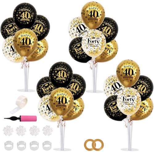 4 Set Black Gold 40 Printed Balloon Stands for 40th Birthday Decor in 4 Count (Pack of 1) in Black Gold