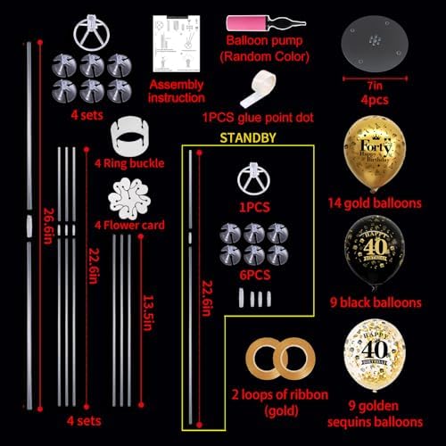 4 Set Black Gold 40 Printed Balloon Stands for 40th Birthday Decor in 4 Count (Pack of 1) in Black Gold, alternate view 3