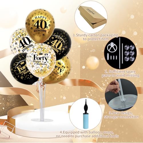 4 Set Black Gold 40 Printed Balloon Stands for 40th Birthday Decor in 4 Count (Pack of 1) in Black Gold, alternate view 4