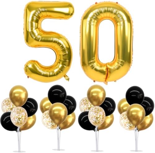 4 Set Black Gold 50 Balloon Stand Balloon Centerpieces for Table in 12 inches in Black Gold-foil Gold 50