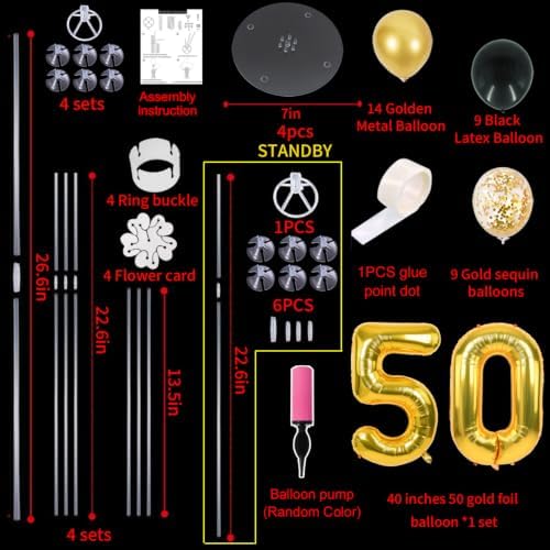 4 Set Black Gold 50 Balloon Stand Balloon Centerpieces for Table in 12 inches in Black Gold-foil Gold 50, alternate view 3