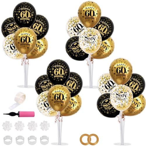 4 Set Black Gold 60 Printed Balloon Stands for 60th Birthday Decor in 4 Count (Pack of 1) in Black Gold