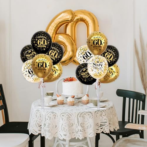 4 Set Black Gold 60 Printed Balloon Stands for 60th Birthday Decor in 4 Count (Pack of 1) in Black Gold, alternate view 2
