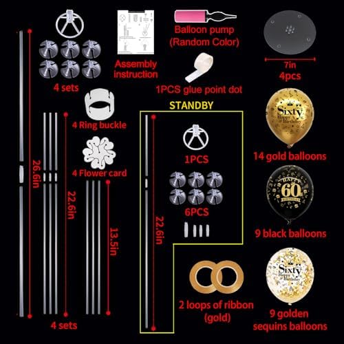 4 Set Black Gold 60 Printed Balloon Stands for 60th Birthday Decor in 4 Count (Pack of 1) in Black Gold, alternate view 3