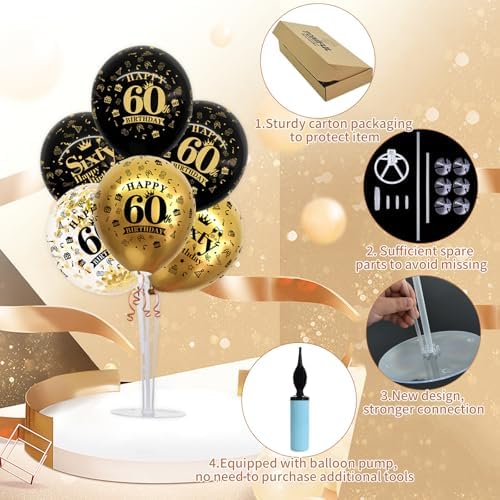 4 Set Black Gold 60 Printed Balloon Stands for 60th Birthday Decor in 4 Count (Pack of 1) in Black Gold, alternate view 4