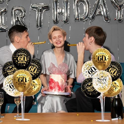 4 Set Black Gold 60 Printed Balloon Stands for 60th Birthday Decor in 4 Count (Pack of 1) in Black Gold, alternate view 5