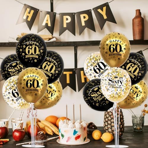 4 Set Black Gold 60 Printed Balloon Stands for 60th Birthday Decor in 4 Count (Pack of 1) in Black Gold, alternate view 6