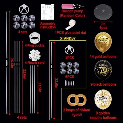 4 Set Black Gold 70 Printed Balloon Stands for 70th Birthday Decor in 4 Count (Pack of 1) in Black Gold, alternate view 3