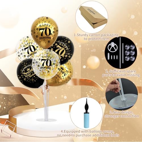 4 Set Black Gold 70 Printed Balloon Stands for 70th Birthday Decor in 4 Count (Pack of 1) in Black Gold, alternate view 4