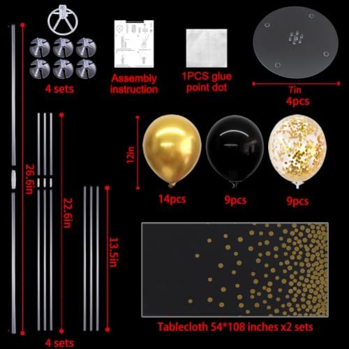 4 Set Black Gold Balloon Stand Balloon Centerpieces with Tablecloth in 12 inches in Black Gold Gold Tablecloth, alternate