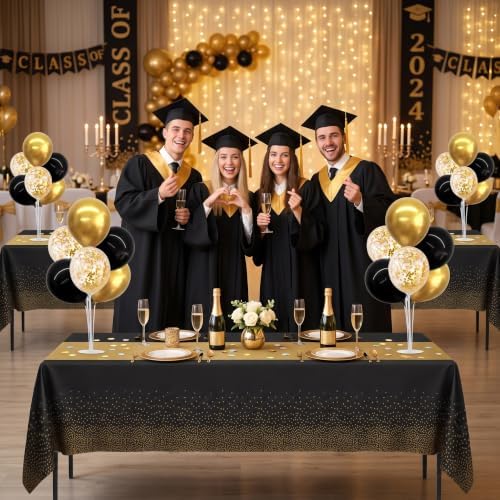 4 Set Black Gold Balloon Stand Balloon Centerpieces with Tablecloth in 12 inches in Black Gold Gold Tablecloth, alternate