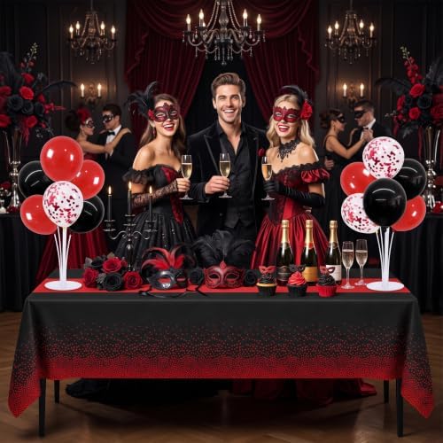 4 Set Black Red Balloon Stand Centerpieces with Tablecloth in Black Red Red Tablecloth, alternate view 2