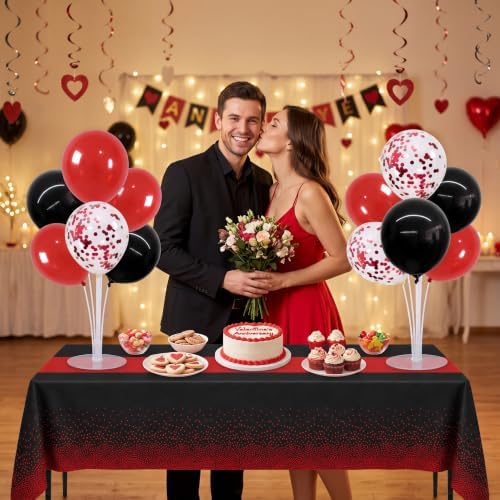4 Set Black Red Balloon Stand Centerpieces with Tablecloth in Black Red Red Tablecloth, alternate view 5