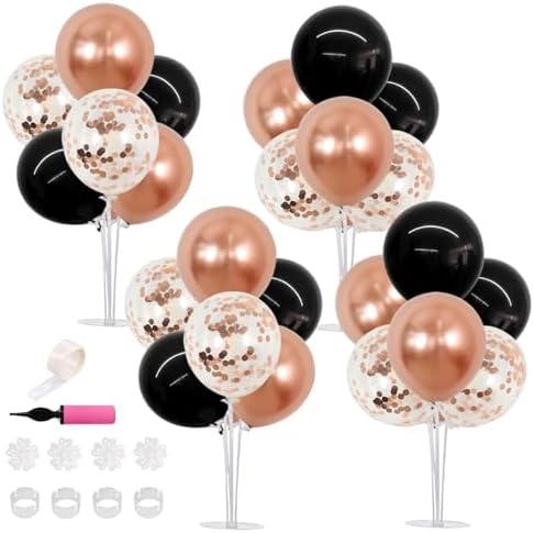 4 Set Black Rose Gold Balloon Centerpieces for Table, Balloon Stand in 4 Count (Pack of 1) in Metallic Blue