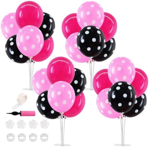 4 Set Black Rose Red Pink Polka Balloon Stand Centerpiece for Table in 12 inches in Metallic Blue Silver