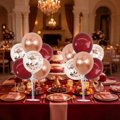 4 Set Burgundy Rose Gold Balloon Stand Centerpieces for Table in 12 inches in Metallic Blue Silver, alternate view 5