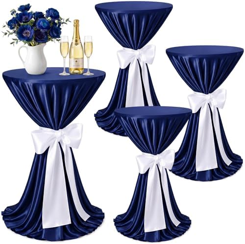 4 Set Cocktail Table Covers 108 Inch Satin, Navy Blue, White in White