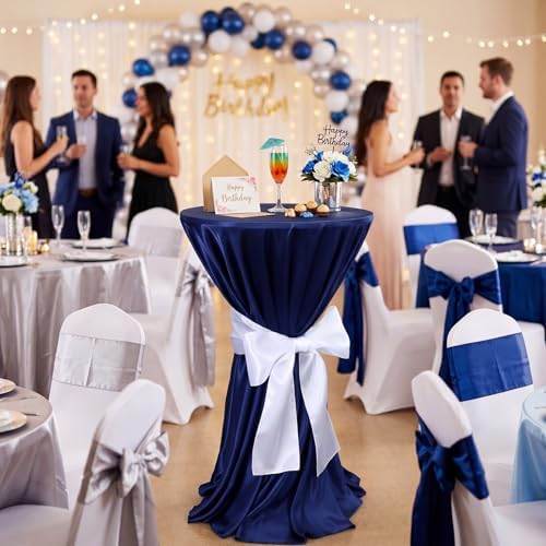 4 Set Cocktail Table Covers 108 Inch Satin, Navy Blue, White in White, alternate view 2