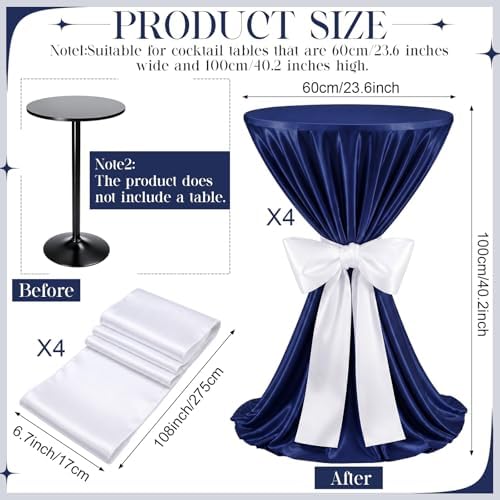 4 Set Cocktail Table Covers 108 Inch Satin, Navy Blue, White in White, alternate view 3