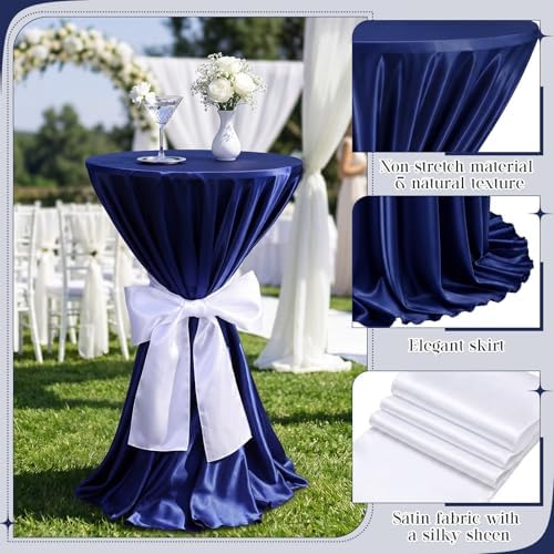 4 Set Cocktail Table Covers 108 Inch Satin, Navy Blue, White in White, alternate view 4