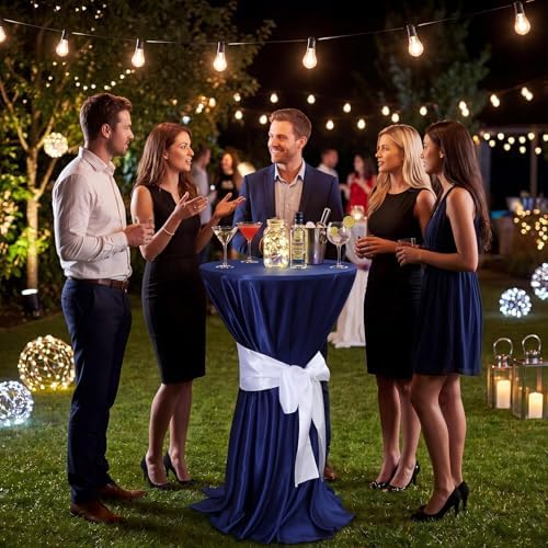 4 Set Cocktail Table Covers 108 Inch Satin, Navy Blue, White in White, alternate view 5