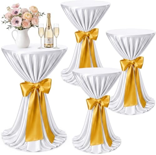 4 Set Cocktail Table Covers 108 Inch Satin, White, Gold in Gold