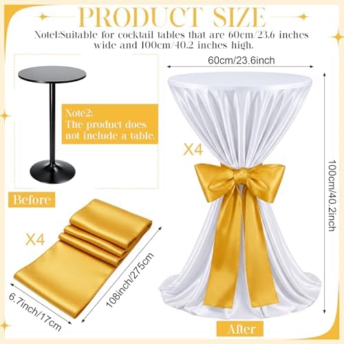 4 Set Cocktail Table Covers 108 Inch Satin, White, Gold in Gold, alternate view 3