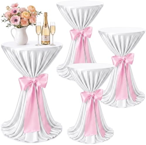4 Set Cocktail Table Covers 108 Inch Satin, White, Light Pink in Light Pink