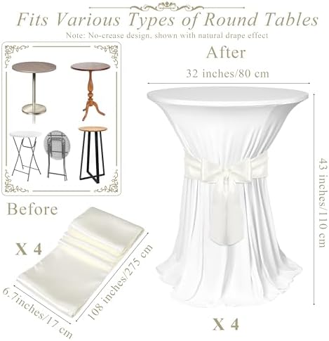 4 Set Cocktail Table Covers with Satin Sash, 32 x 43 Inch Round Cocktail Table Skirt, Spandex Stretch High Top, alternate