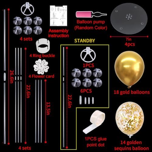 4 Set Gold Balloon Stand Balloon Centerpieces for Table Decoration in 4 Count (Pack of 1) in Black White Gold, alternate view
