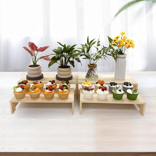 4 Set Large Wooden Display Riser Wood Risers Cupcake Display Stand 2Tiered 8Pcs Rectangular Perfume Dessert, alternate view 4