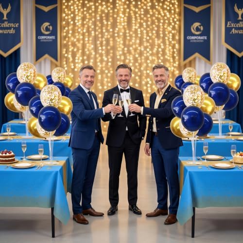 4 Set Navy Blue Gold Balloon Stand Centerpieces with Tablecloth in 12 inches in Navy Blue Gold Blue Tablecloth, alternate