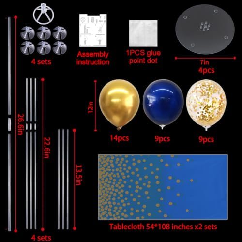 4 Set Navy Blue Gold Balloon Stand Centerpieces with Tablecloth in 12 inches in Navy Blue Gold Blue Tablecloth, alternate