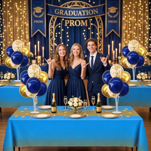 4 Set Navy Blue Gold Balloon Stand Centerpieces with Tablecloth in 12 inches in Navy Blue Gold Blue Tablecloth, alternate
