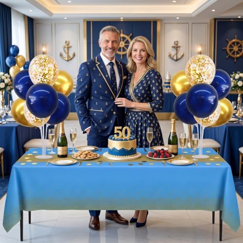 4 Set Navy Blue Gold Balloon Stand Centerpieces with Tablecloth in 12 inches in Navy Blue Gold Blue Tablecloth, alternate