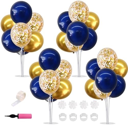 4 Set Navy Blue Gold Balloons Stand Balloon Centerpieces for Table in 4 Count (Pack of 1) in Black White Gold