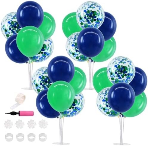 4 Set Navy Blue Green Balloon Stand Centerpieces for Table in Metallic Blue Silver