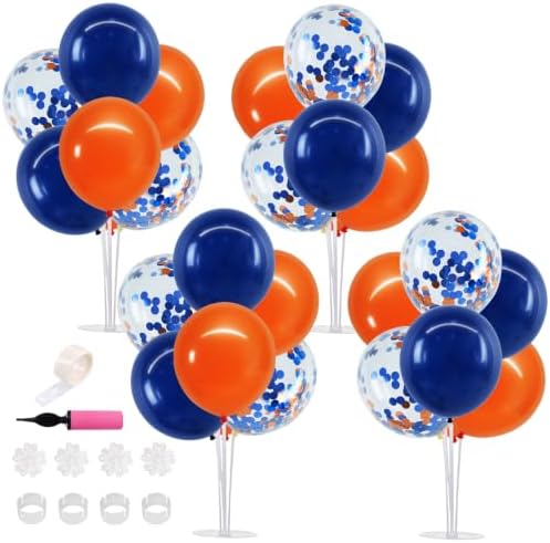4 Set Navy Blue Orange Balloon Stand Centerpieces for Table in 4 Count (Pack of 1) in Metallic Blue Silver
