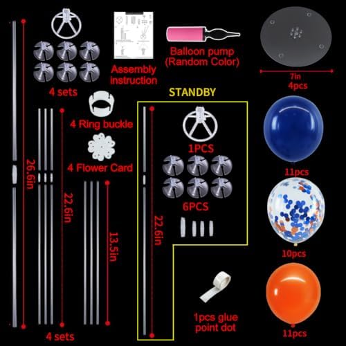 4 Set Navy Blue Orange Balloon Stand Centerpieces for Table in 4 Count (Pack of 1) in Metallic Blue Silver, alternate view 3