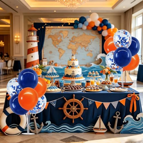 4 Set Navy Blue Orange Balloon Stand Centerpieces for Table in 4 Count (Pack of 1) in Metallic Blue Silver, alternate view 5