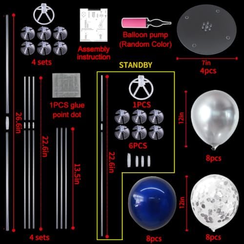 4 Set Navy Blue Silver Grey Balloon Stand Centerpieces for Table in 12 inches in Navy Blue Silver Grey, alternate view 3
