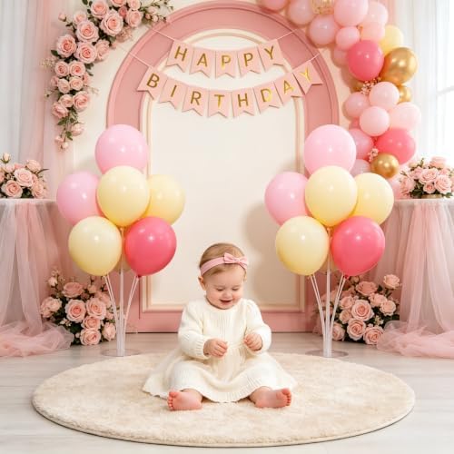4 Set Pink Yellow White Balloon Stand Centerpiece Table Decorations in Yellow Pink, alternate view 2