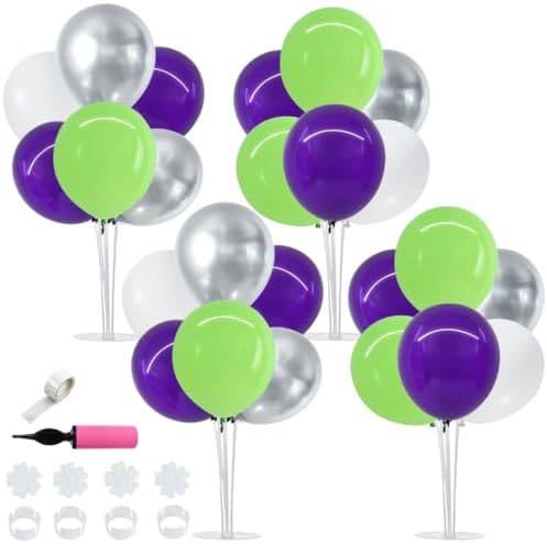 4 Set Purple Green White Balloon Stand Centerpieces for Table in Metallic Blue Silver