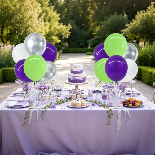 4 Set Purple Green White Balloon Stand Centerpieces for Table in Metallic Blue Silver, alternate view 6