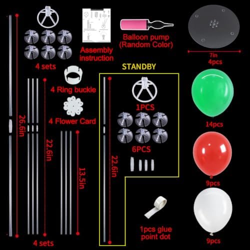 4 Set Red Green White Balloon Stand Centerpieces for Table in Metallic Blue Silver, alternate view 3