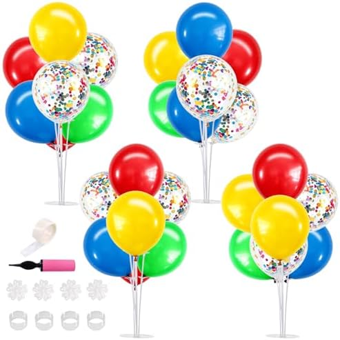 4 Set Red Yellow Blue Green Balloon Stand Centerpieces for Table in 12 inch in Metallic Blue Silver