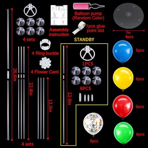 4 Set Red Yellow Blue Green Balloon Stand Centerpieces for Table in 12 inch in Metallic Blue Silver, alternate view 3