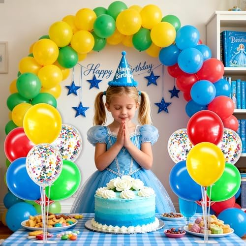 4 Set Red Yellow Blue Green Balloon Stand Centerpieces for Table in 12 inch in Metallic Blue Silver, alternate view 5