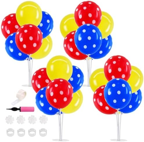 4 Set Red Yellow Blue Polka Stand Balloon Centerpieces for Table in 12 inches in Metallic Blue Silver