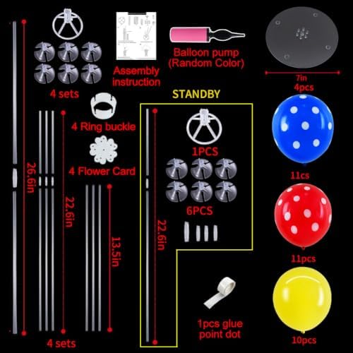 4 Set Red Yellow Blue Polka Stand Balloon Centerpieces for Table in 12 inches in Metallic Blue Silver, alternate view 3